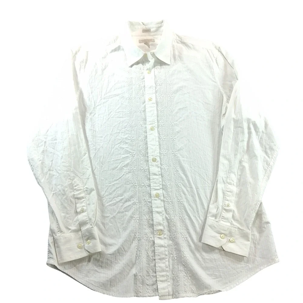 Banana Republic Button Down Mens L White Classic Fit Embroidered Floral Stripe
